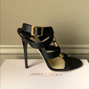 Jimmy Choo Wax Leather Black Sandal w Brass Detail